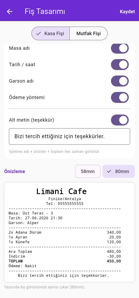 Fiş tasarımı — termal yazıcı önizleme