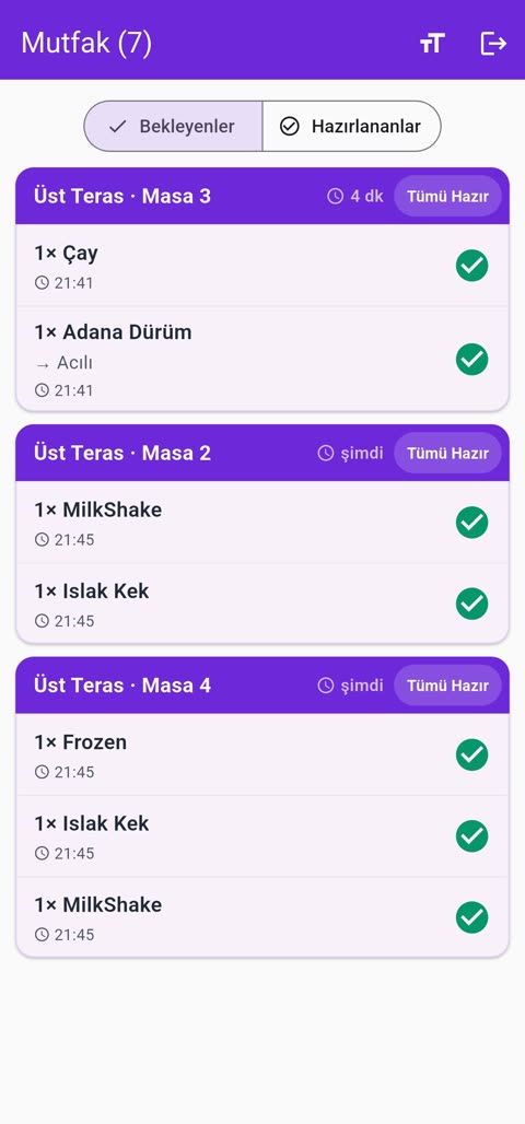 Mutfak ekranı — bekleyen siparişler