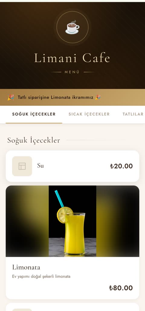 QR menü — müşterinin telefonda gördüğü