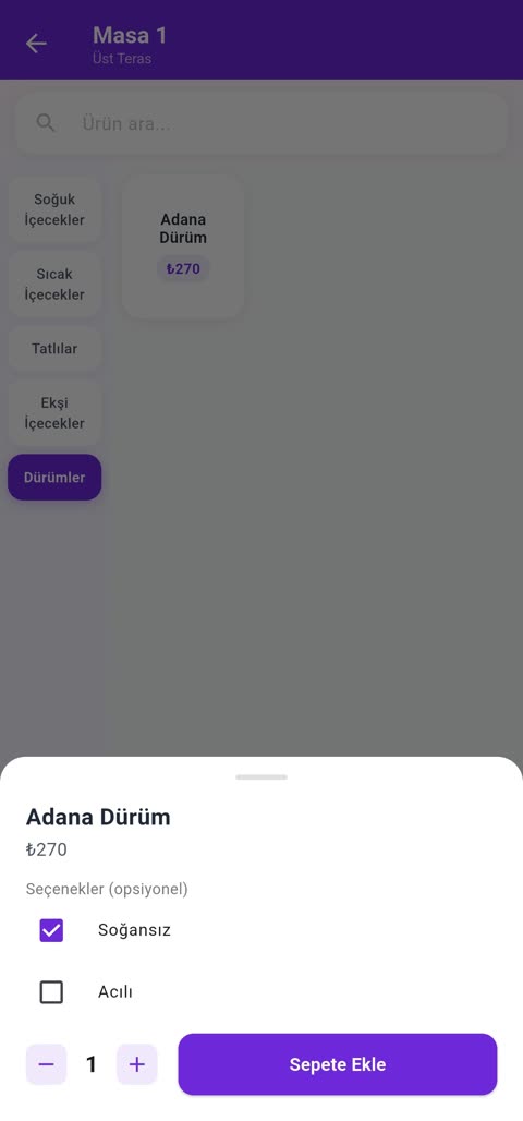 Sipariş ekranı — ürün notu ile